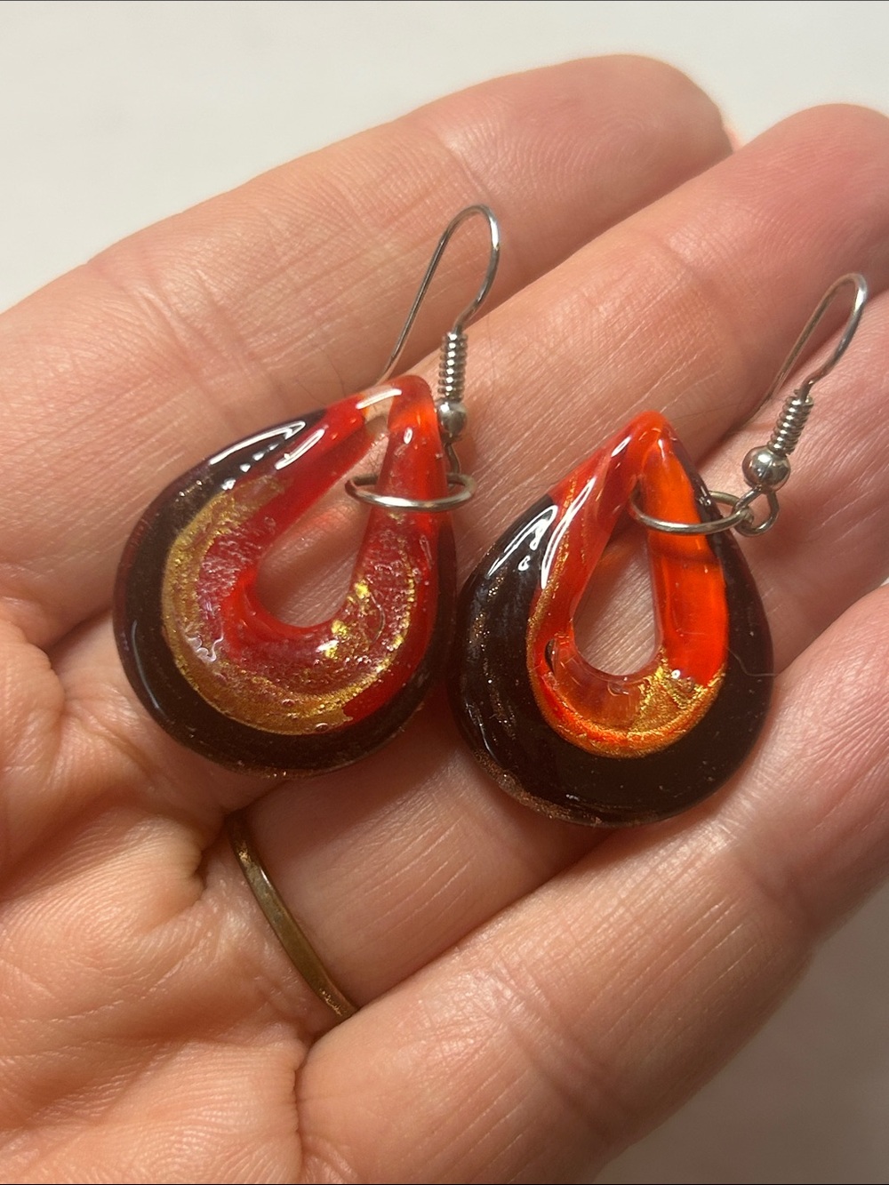 Handmade Red Black and Gold Teardrop Glass Earrings